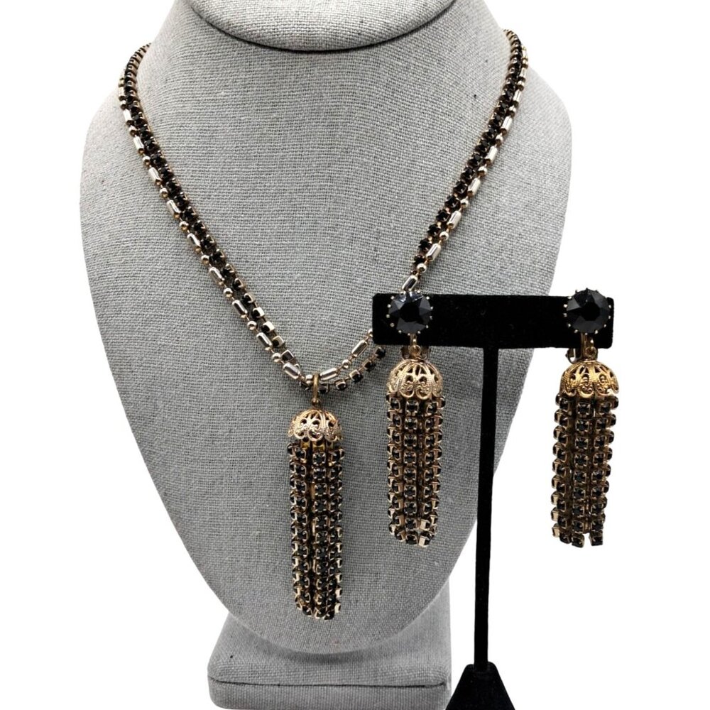 Vintage Weiss Necklace Earrings Set Black Rhinestones Tassel Long Dangling Chain